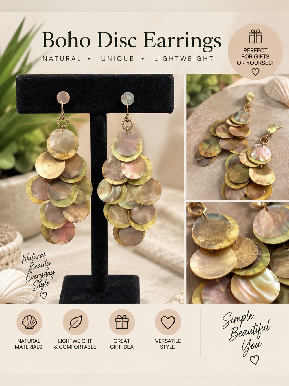 Natural Shell + Metal Disc Cluster Dangle Earrings 3” Boho